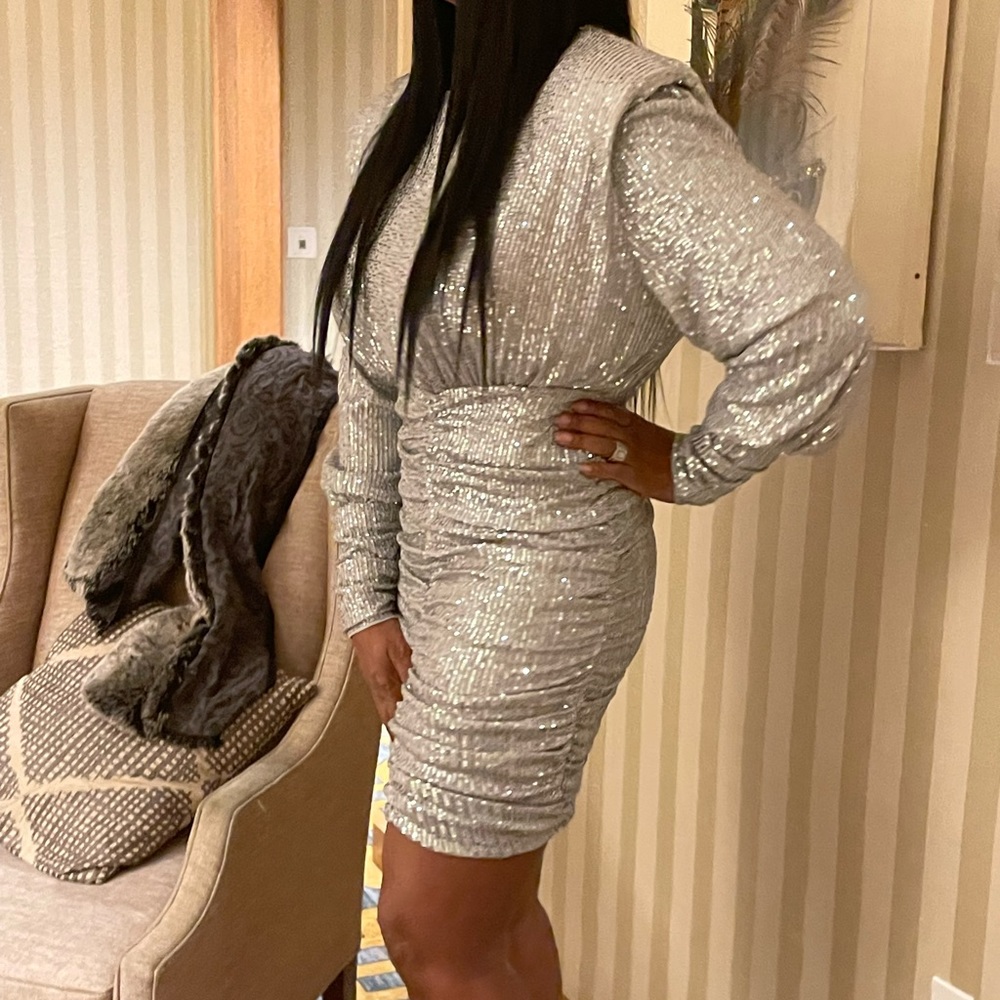 Silver Sequin Ruched Dress - Picture 2 of 4